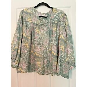 Wonderly Peasant blouse XXL  Cottagecore Green pink floral tie front